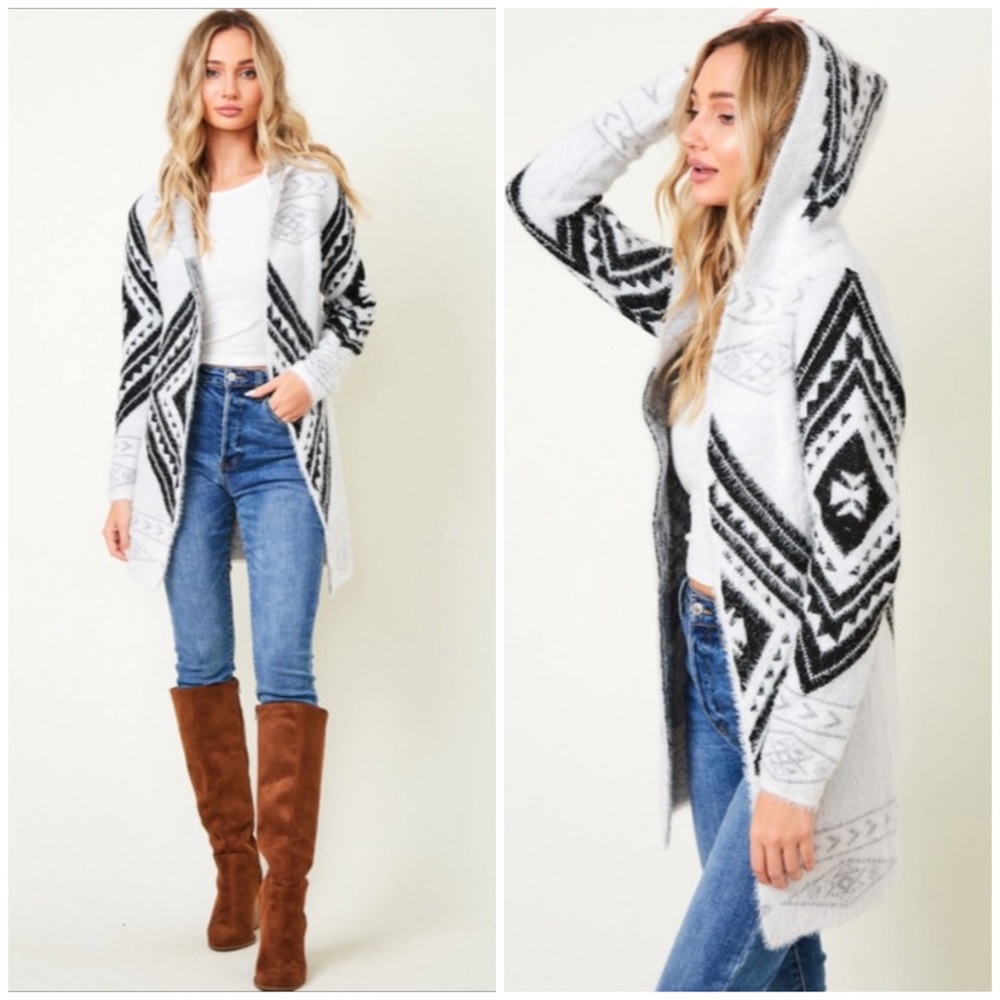 SOLD OUT Fuzzy Soft Knit Hooded Long Sleeve Aztec Tribal Native Western Cardigan - Picture 1 of 10